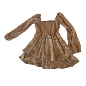 Stella Tweed Girls Romper Size 16 Taupe Floral Jacquard Puff Sleeve Smocked Back